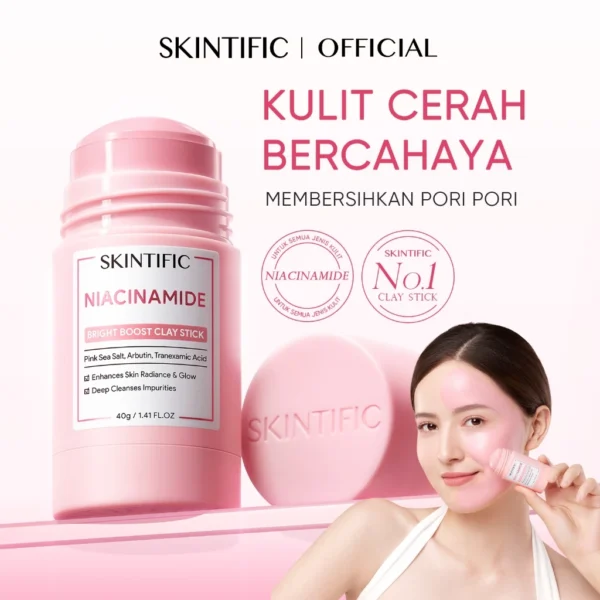 SKINTIFIC - Niacinamide Bright Boost Clay Stick 40g | Brightening Glowing Masker Wajah Komedo Skincare BPOM Eksfoliasi Wajah Exfoliating Pengangkat Komedo Penghilang Jerawat BPOM Acne Mask with DSM High-Purity Niacinamide Arbutin Pink Sea Sa