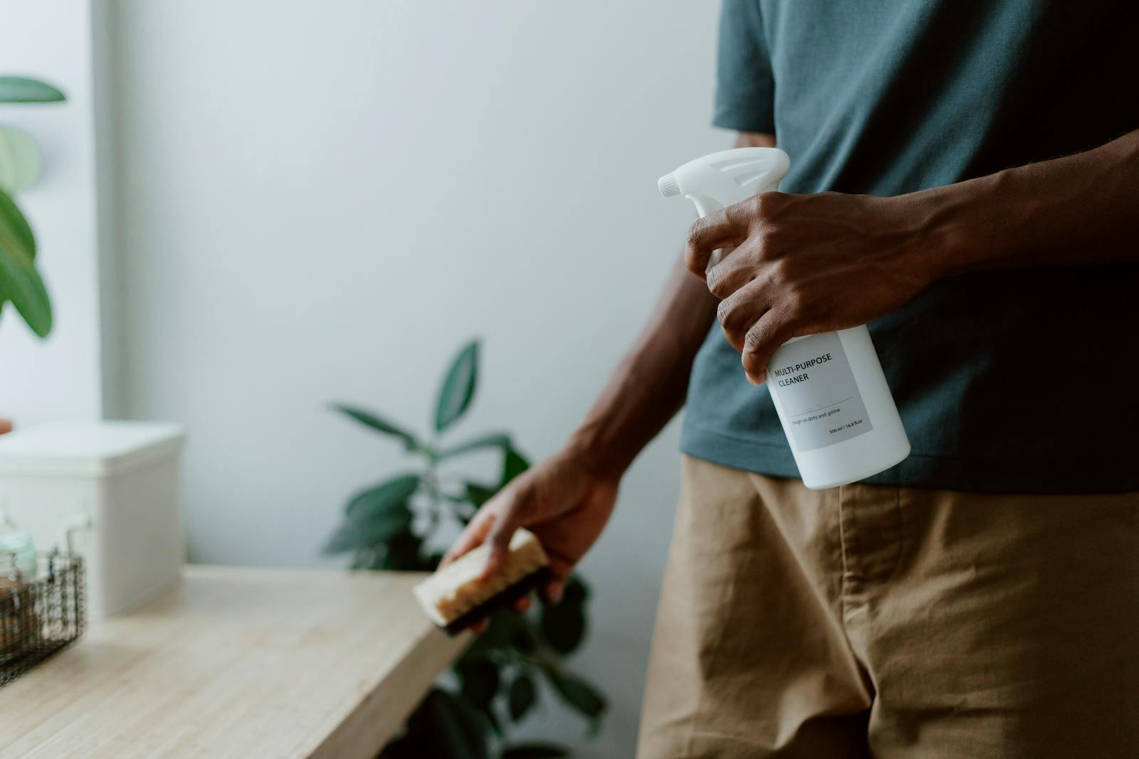 A man using a multi-purpose cleaner and sponge to clean a table indoors, emphasizing hygiene.