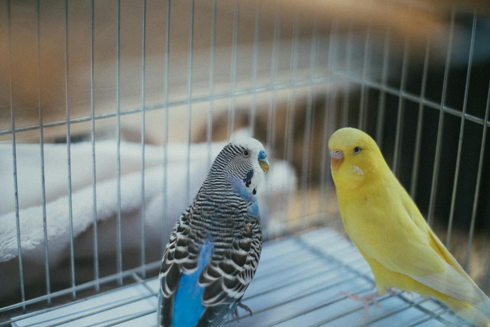 Close-up of vibrant parakeets, a yellow and a blue one, perched inside a cage indoors.