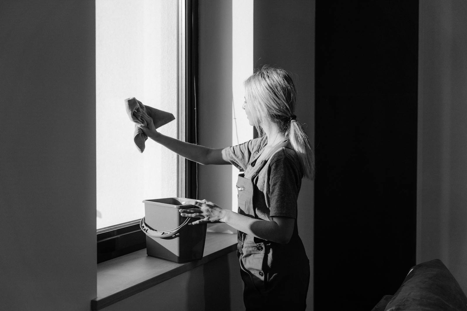 Black and white image of a woman cleaning a window with a cloth and bucket indoors.