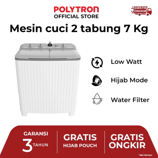 POLYTRON Mesin Cuci 2 Tabung Giant Series Hijab 7 KG - PWM 7076Y